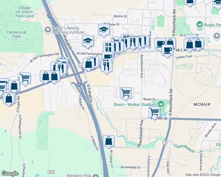 map of restaurants, bars, coffee shops, grocery stores, and more near 2117 West Best Way Street in Fayetteville