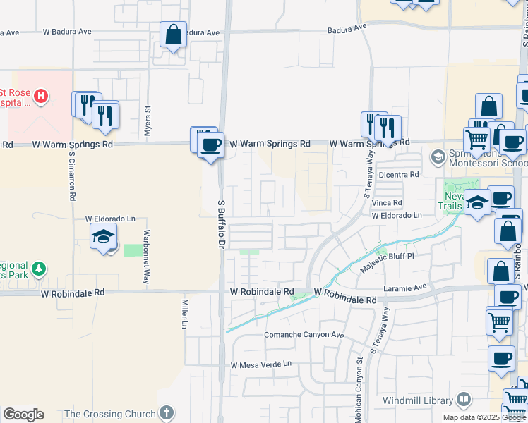 map of restaurants, bars, coffee shops, grocery stores, and more near 7660 West Eldorado Lane in Las Vegas