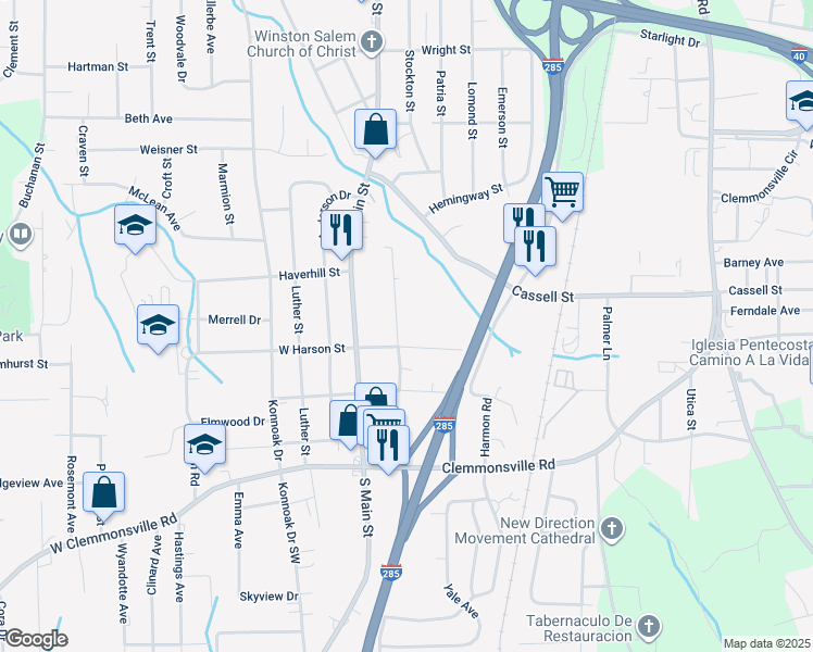 map of restaurants, bars, coffee shops, grocery stores, and more near 3257 Stockton Street in Winston-Salem