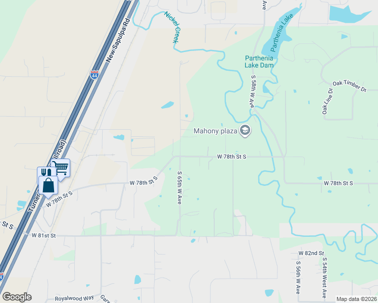 map of restaurants, bars, coffee shops, grocery stores, and more near 6439 West 77th Street South in Tulsa