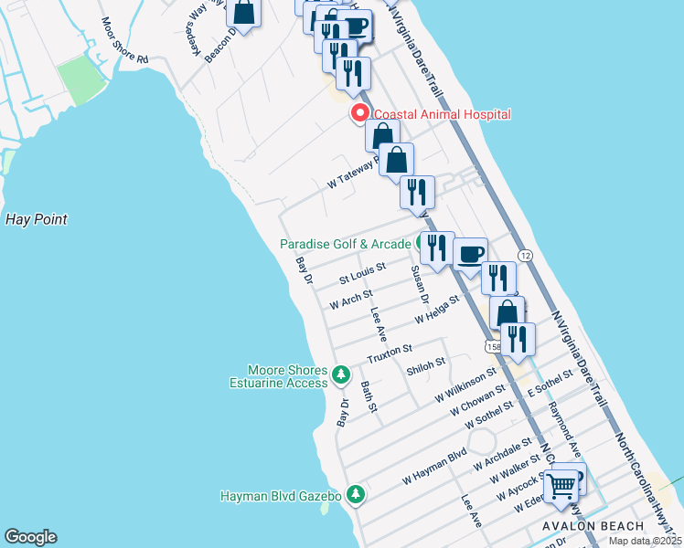 map of restaurants, bars, coffee shops, grocery stores, and more near 406 Saint Louis Street in Kill Devil Hills