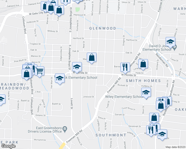 map of restaurants, bars, coffee shops, grocery stores, and more near 1205 West Florida Street in Greensboro