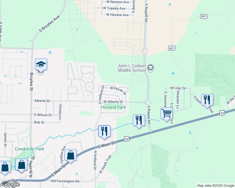 map of restaurants, bars, coffee shops, grocery stores, and more near 4377 West Pecan Street in Fayetteville