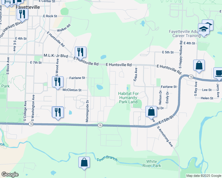 map of restaurants, bars, coffee shops, grocery stores, and more near 1046 South Jaybird Lane in Fayetteville