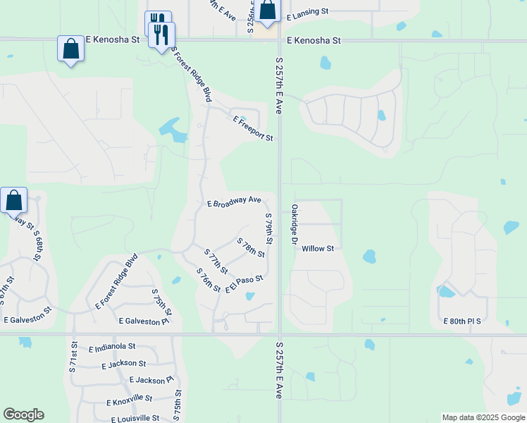 map of restaurants, bars, coffee shops, grocery stores, and more near 100 South 79th Street in Broken Arrow