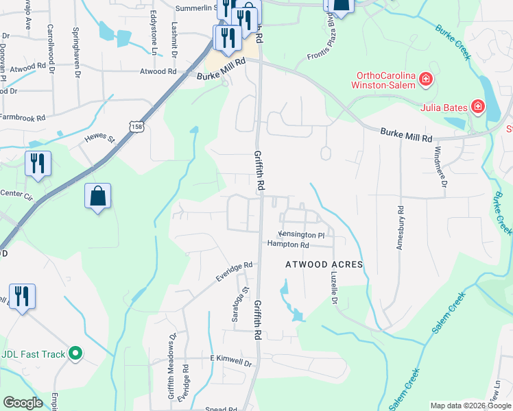 map of restaurants, bars, coffee shops, grocery stores, and more near 2401 Waterwheel Drive in Winston-Salem