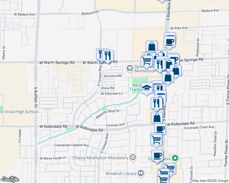map of restaurants, bars, coffee shops, grocery stores, and more near 7229 Campolina Court in Las Vegas