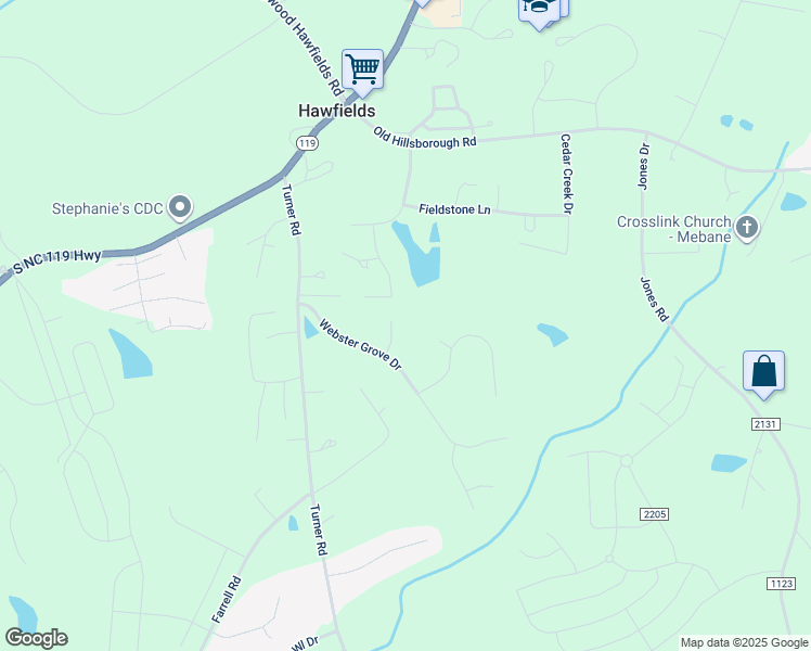 map of restaurants, bars, coffee shops, grocery stores, and more near 1820 Foxhall Lane in Mebane