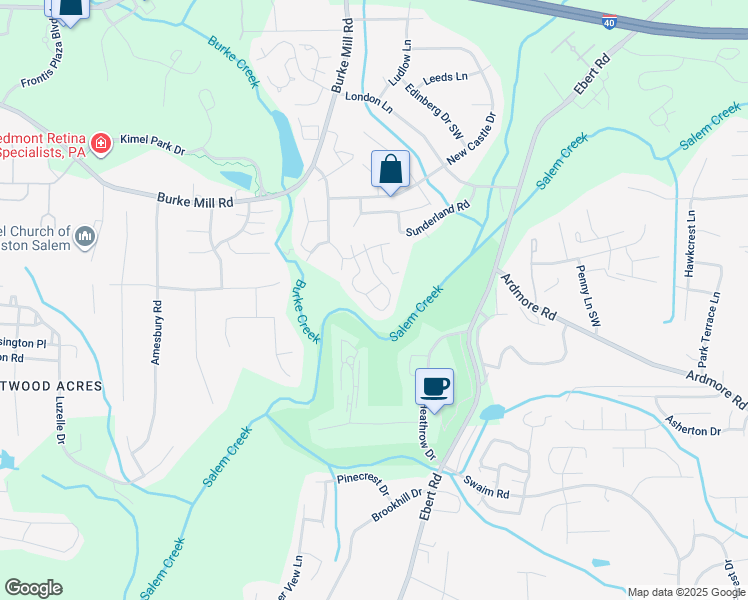 map of restaurants, bars, coffee shops, grocery stores, and more near 2625 Merry Oaks Trail in Winston-Salem