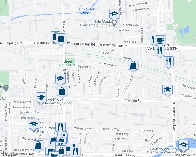map of restaurants, bars, coffee shops, grocery stores, and more near 340 Abbington Street in Henderson