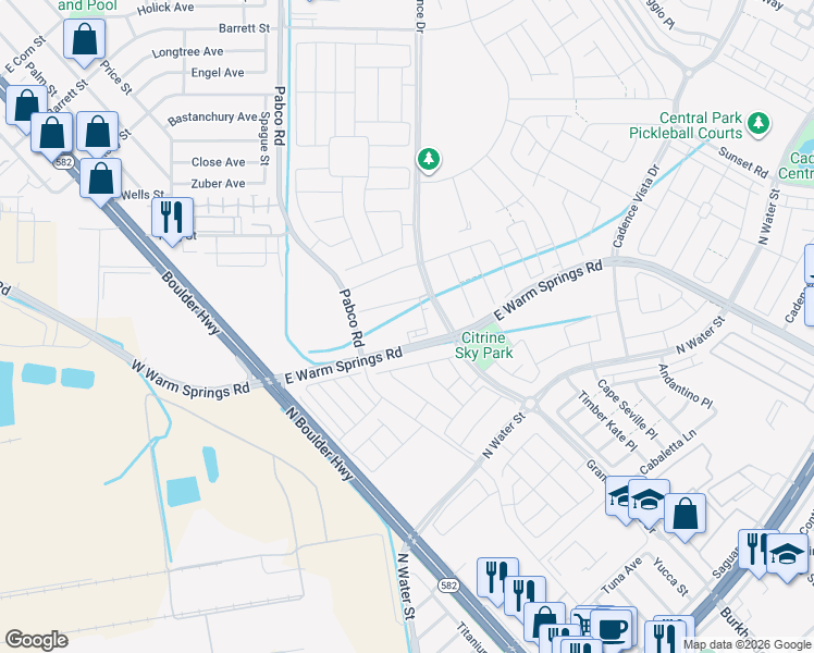 map of restaurants, bars, coffee shops, grocery stores, and more near Warm Springs Road in Henderson