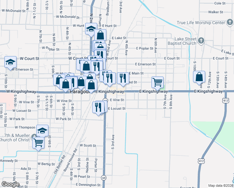 map of restaurants, bars, coffee shops, grocery stores, and more near 215 East Kings Highway in Paragould