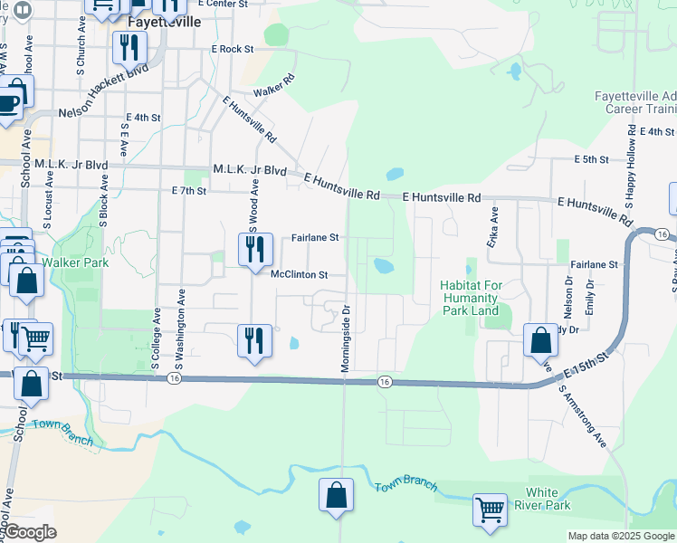 map of restaurants, bars, coffee shops, grocery stores, and more near 1015 Morningside Drive in Fayetteville