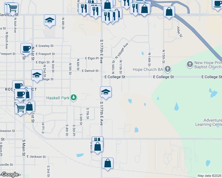 map of restaurants, bars, coffee shops, grocery stores, and more near 1013 Wesley Drive in Broken Arrow