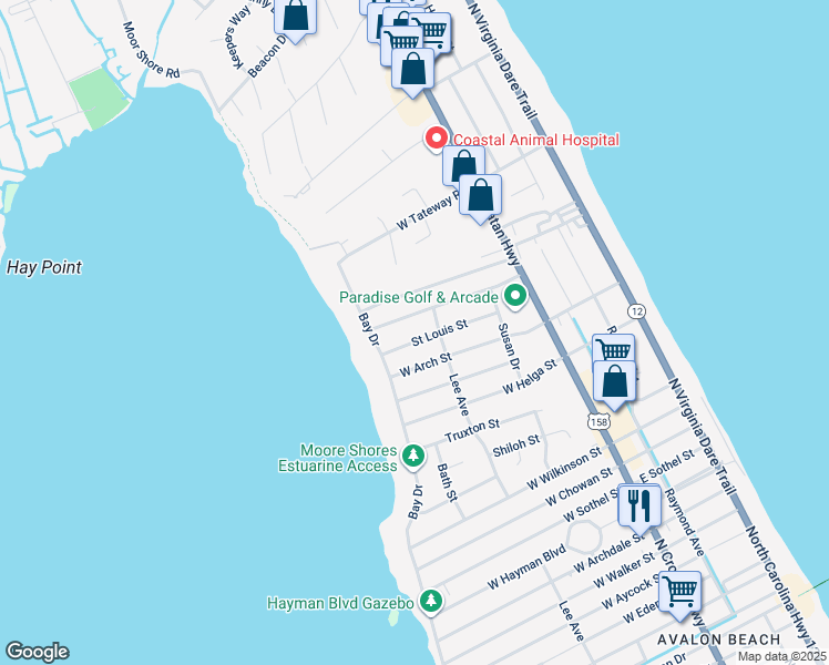 map of restaurants, bars, coffee shops, grocery stores, and more near 406 Saint Louis Street in Kill Devil Hills