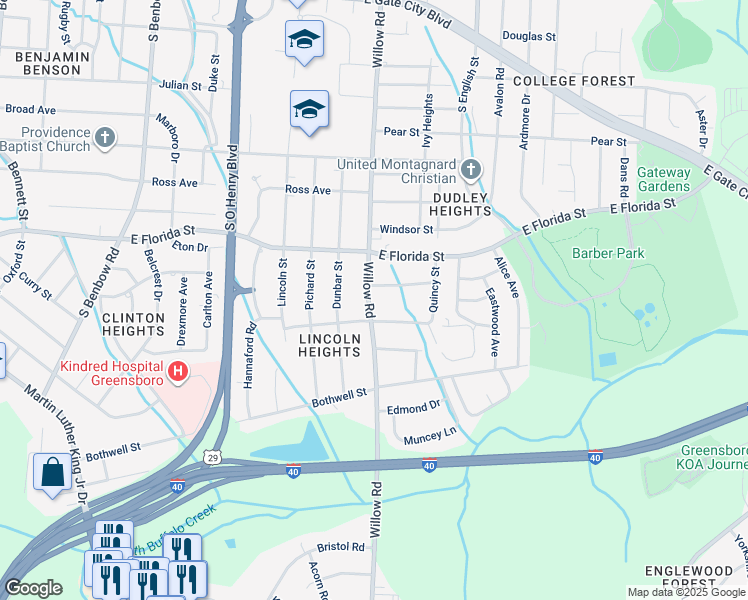 map of restaurants, bars, coffee shops, grocery stores, and more near 1619 Willow Road in Greensboro