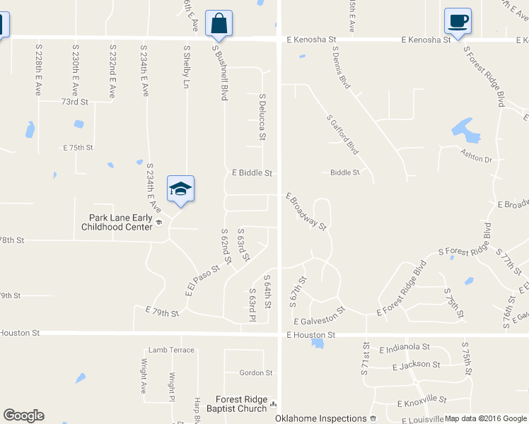 map of restaurants, bars, coffee shops, grocery stores, and more near 6412 E Commercial St in Broken Arrow