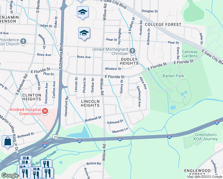 map of restaurants, bars, coffee shops, grocery stores, and more near 2010 Barksdale Drive in Greensboro