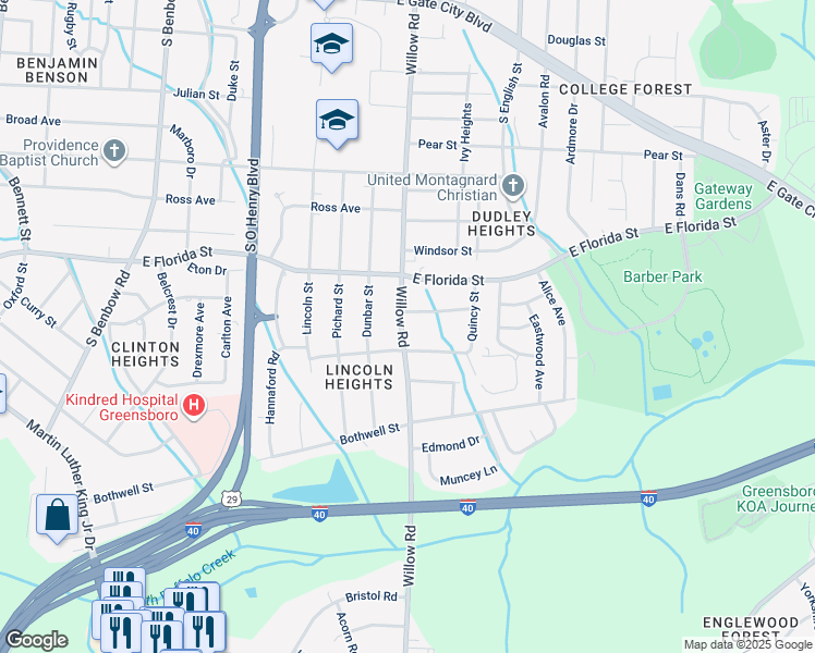 map of restaurants, bars, coffee shops, grocery stores, and more near 1619 Willow Road in Greensboro
