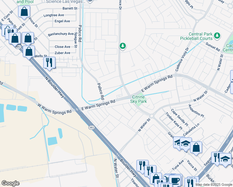 map of restaurants, bars, coffee shops, grocery stores, and more near Warm Springs Road in Henderson