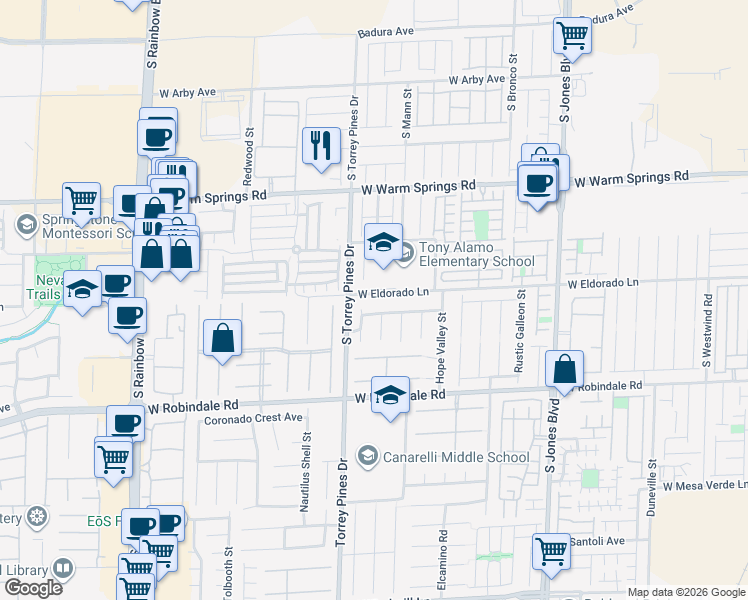 map of restaurants, bars, coffee shops, grocery stores, and more near 6455 W Eldorado Ln in Las Vegas