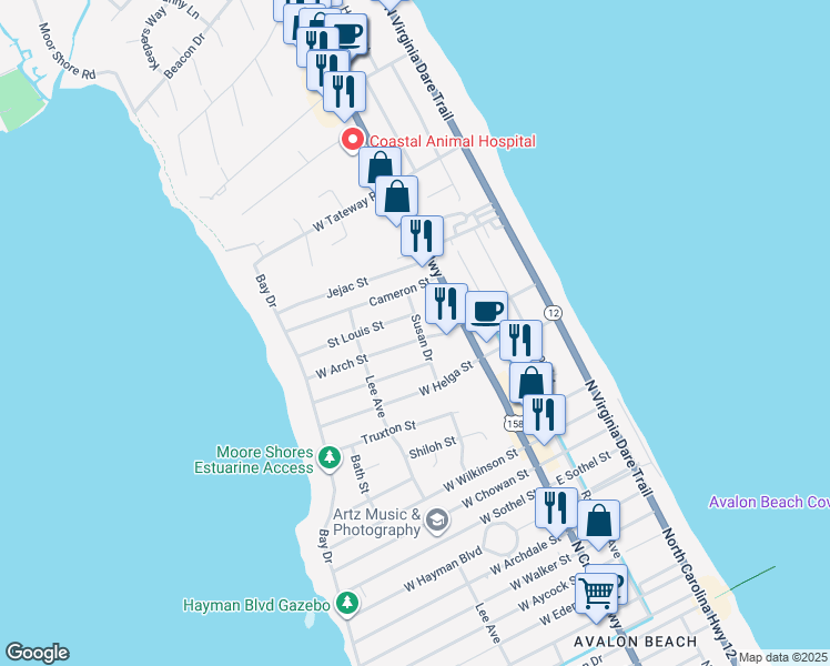 map of restaurants, bars, coffee shops, grocery stores, and more near 305 Saint Louis Street in Kill Devil Hills