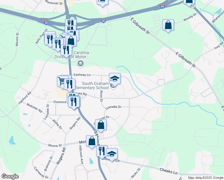map of restaurants, bars, coffee shops, grocery stores, and more near 320 Ivey Road in Graham