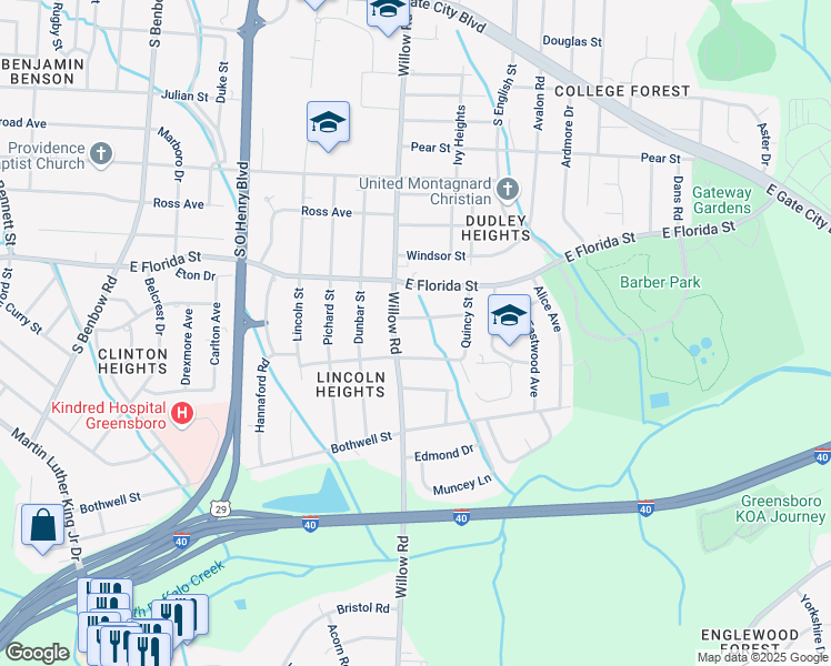 map of restaurants, bars, coffee shops, grocery stores, and more near 2010 Barksdale Drive in Greensboro