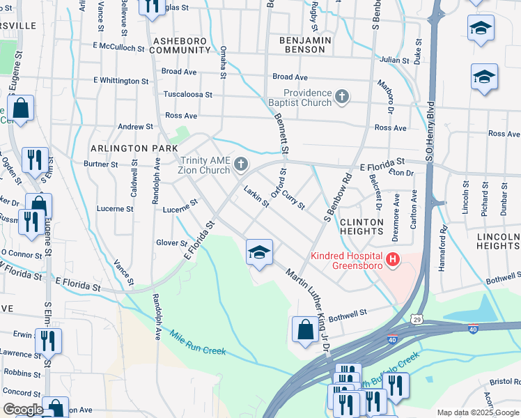 map of restaurants, bars, coffee shops, grocery stores, and more near 603 Oxford Street in Greensboro