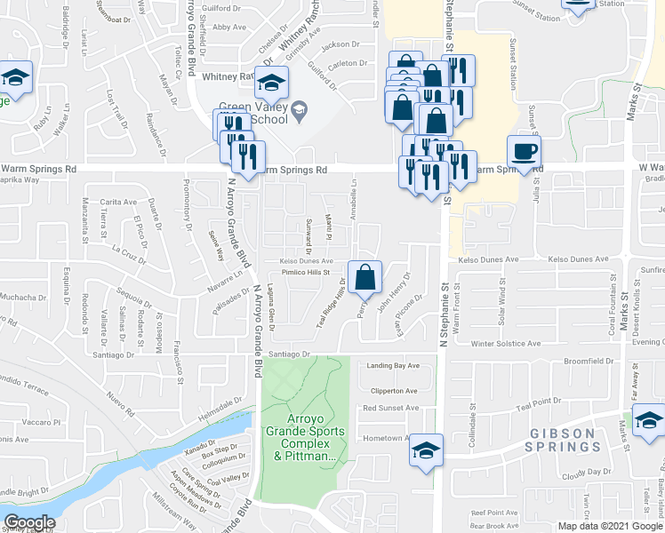 map of restaurants, bars, coffee shops, grocery stores, and more near 1562 Pimlico Hills Street in Henderson