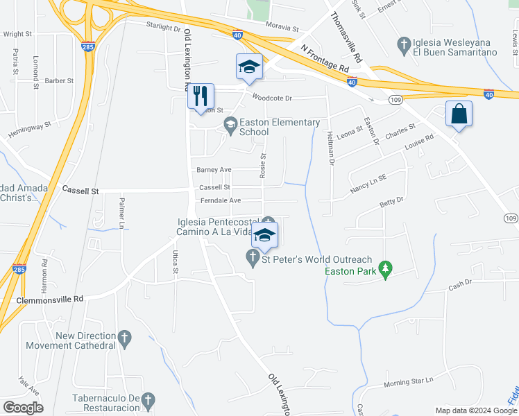 map of restaurants, bars, coffee shops, grocery stores, and more near 3510 Rosie Street in Winston-Salem