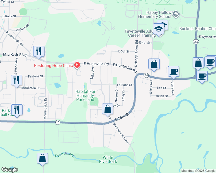 map of restaurants, bars, coffee shops, grocery stores, and more near 1009 South Sherman Avenue in Fayetteville