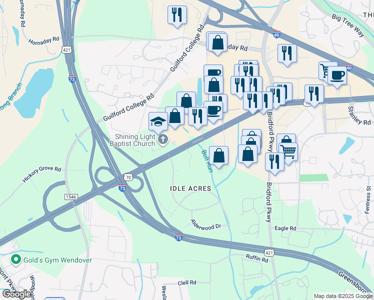 map of restaurants, bars, coffee shops, grocery stores, and more near 1501 Brandonshire Court in Greensboro