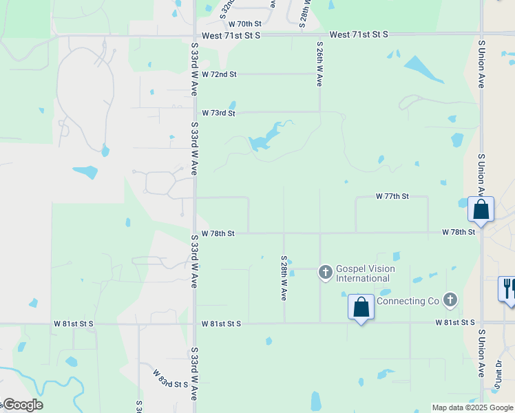map of restaurants, bars, coffee shops, grocery stores, and more near 7701 South 30th West Avenue in Tulsa