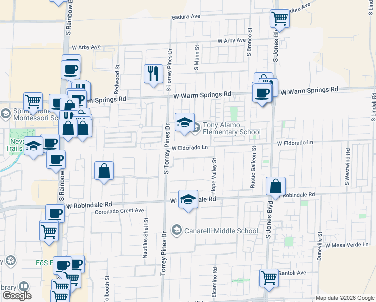 map of restaurants, bars, coffee shops, grocery stores, and more near 6455 West Eldorado Lane in Las Vegas