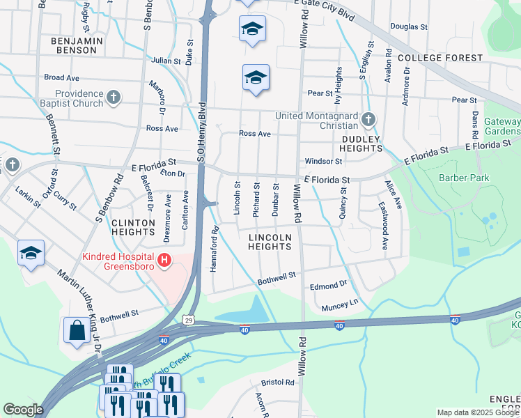 map of restaurants, bars, coffee shops, grocery stores, and more near 1619 Pichard Street in Greensboro