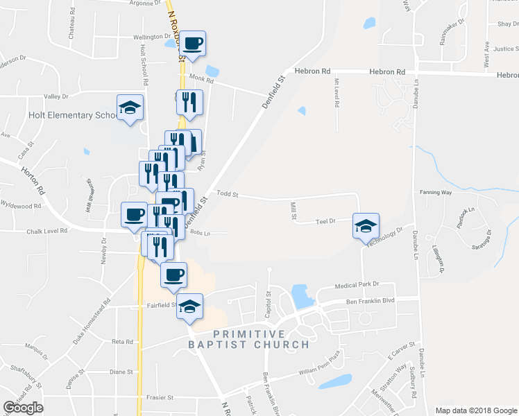 map of restaurants, bars, coffee shops, grocery stores, and more near 417 Todd Street in Durham
