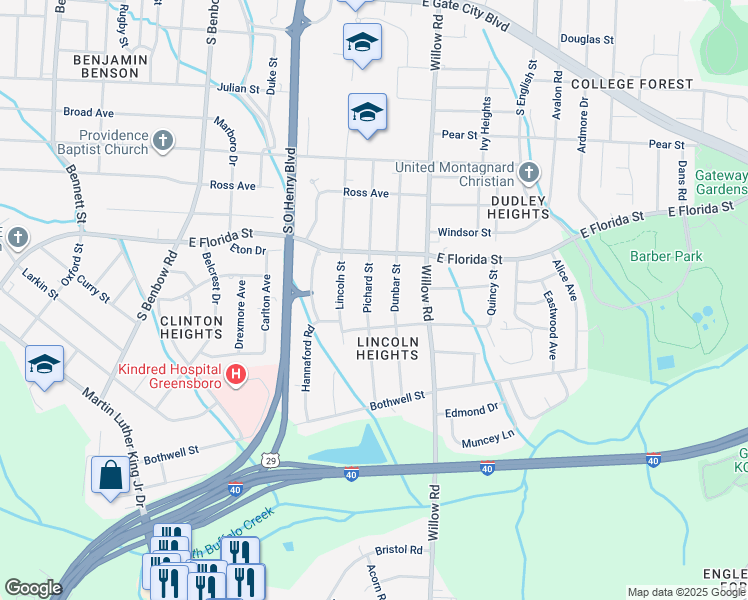 map of restaurants, bars, coffee shops, grocery stores, and more near 1619 Pichard Street in Greensboro