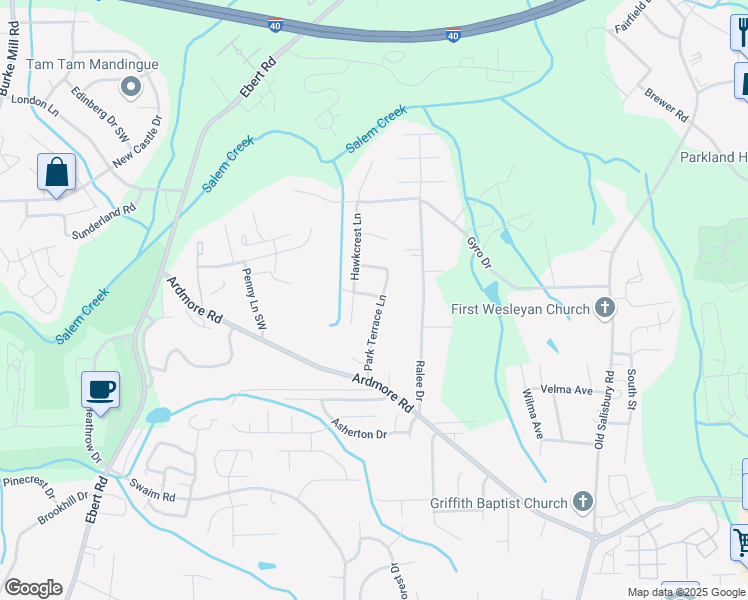 map of restaurants, bars, coffee shops, grocery stores, and more near 1701 Park Terrace Lane in Winston-Salem