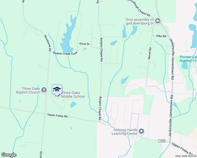 map of restaurants, bars, coffee shops, grocery stores, and more near 401 Burgies Chapel Road in Dyersburg