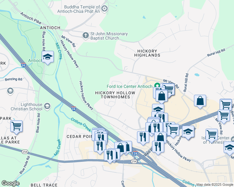 map of restaurants, bars, coffee shops, grocery stores, and more near 250 Hickory Hollow Parkway in Nashville