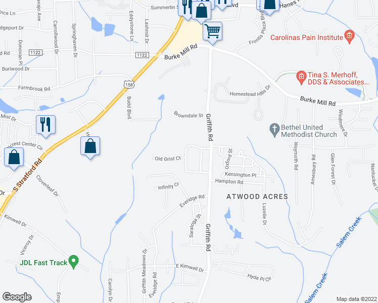 map of restaurants, bars, coffee shops, grocery stores, and more near 3476 Waterwheel Circle in Winston-Salem