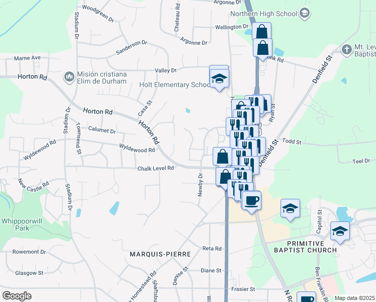 map of restaurants, bars, coffee shops, grocery stores, and more near 20 Stonewall Way in Durham