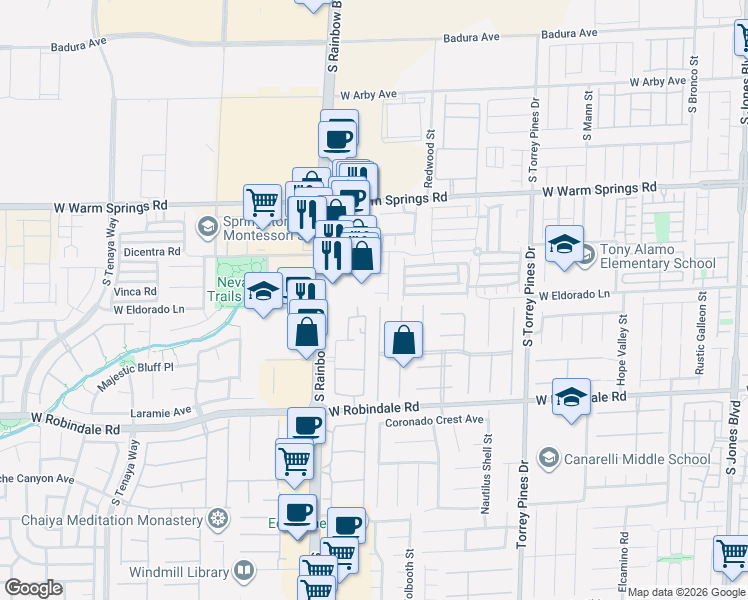 map of restaurants, bars, coffee shops, grocery stores, and more near 6777 Cool Melon Court in Las Vegas