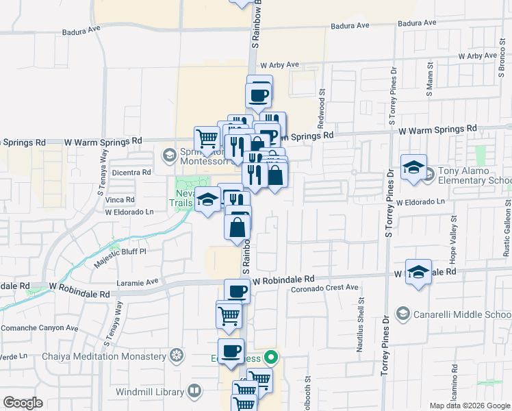 map of restaurants, bars, coffee shops, grocery stores, and more near 7490 South Rainbow Boulevard in Las Vegas