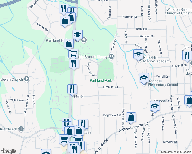 map of restaurants, bars, coffee shops, grocery stores, and more near 1610 Gretel Lane in Winston-Salem