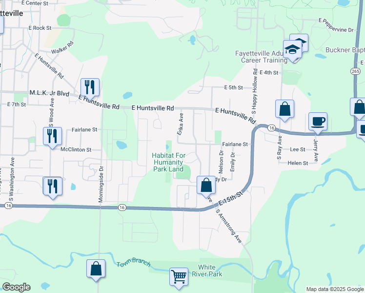 map of restaurants, bars, coffee shops, grocery stores, and more near 1377 Fairlane Street in Fayetteville