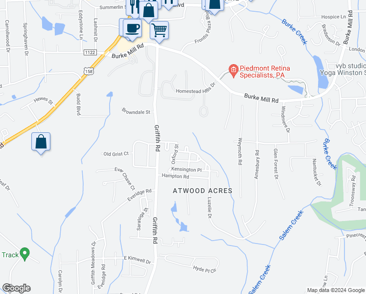 map of restaurants, bars, coffee shops, grocery stores, and more near 458 Peyton Court in Winston-Salem