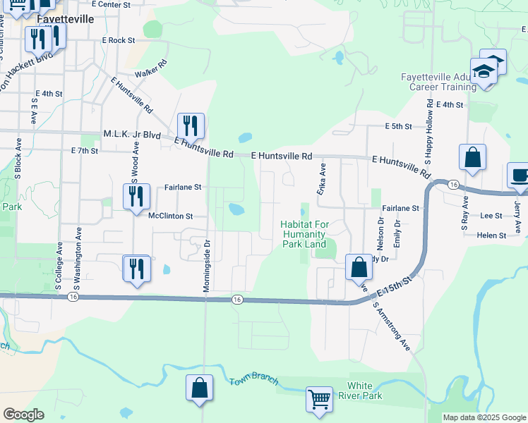 map of restaurants, bars, coffee shops, grocery stores, and more near 1046 South Jaybird Lane in Fayetteville