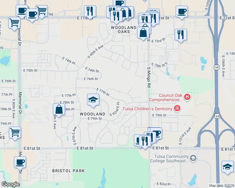 map of restaurants, bars, coffee shops, grocery stores, and more near 9216 East 76th Place in Tulsa